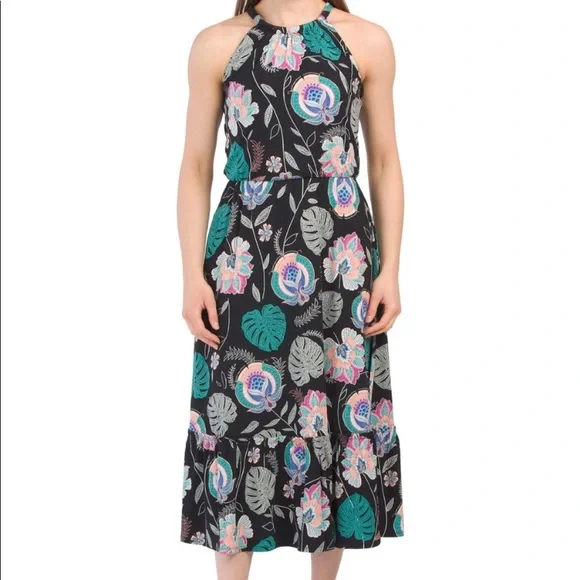 Cynthia Rowley | Dresses | Cynthia Rowley Black And Multicolor Floral Palm  Tropical Print Halter Midi Dress | Poshmark